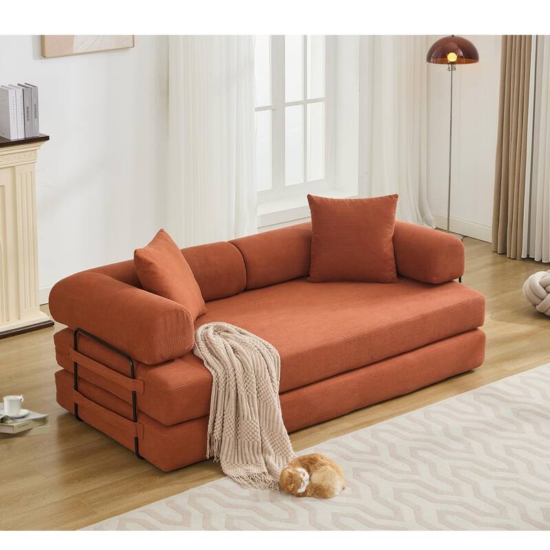 78.5" Folding Convertible Out Sleeper Sofa Bed, 3 Seat, Orange Corduroy