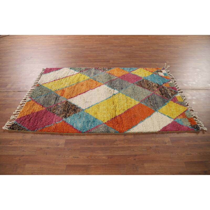 Hand Knotted Oriental 100% Wool Carpet Modern All-Over Multi-Colored Moroccan Area Rug - 6' 3'' X 4' 0''