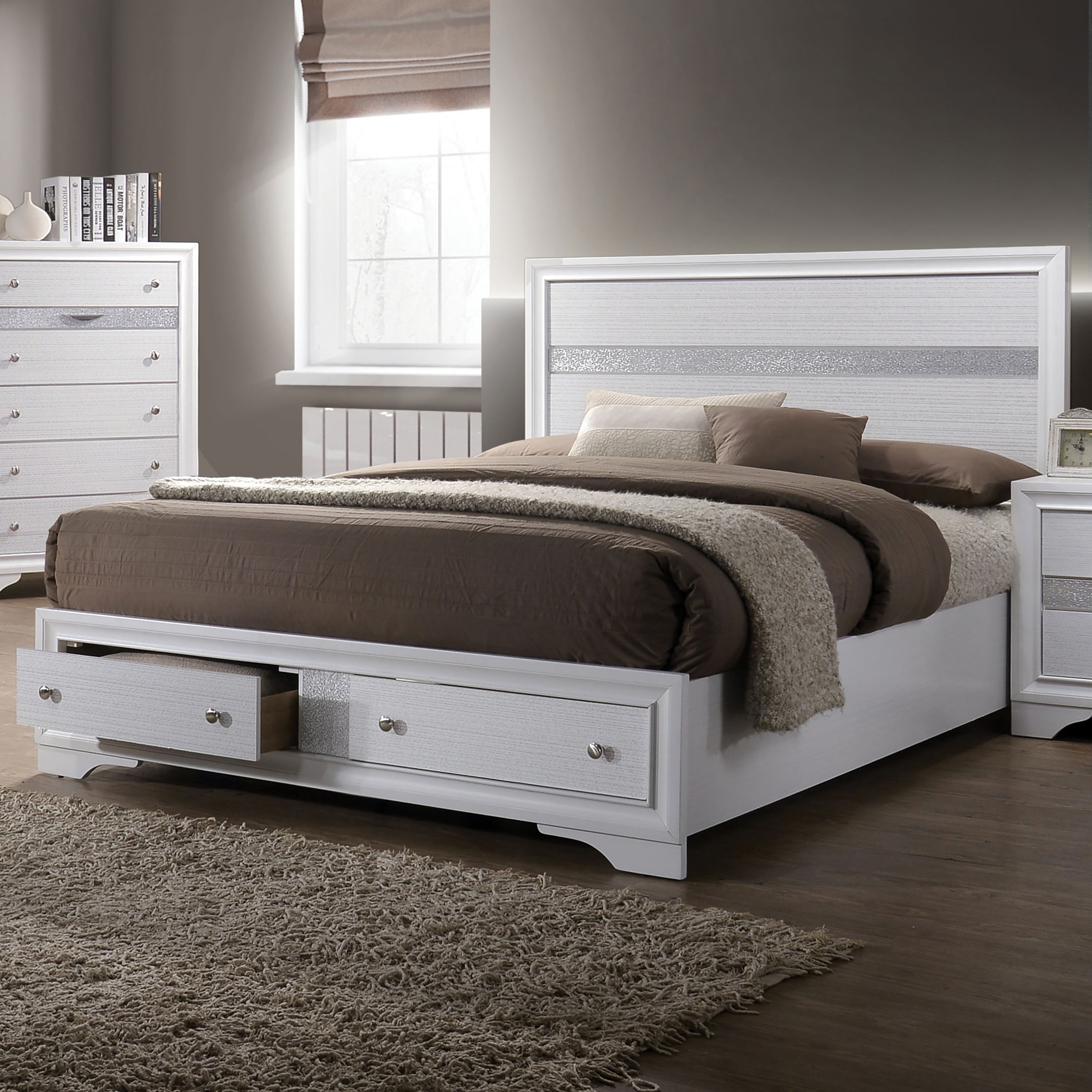 Furniture of America Relo Modern White Solid Wood 2-Drawer Storage Bed