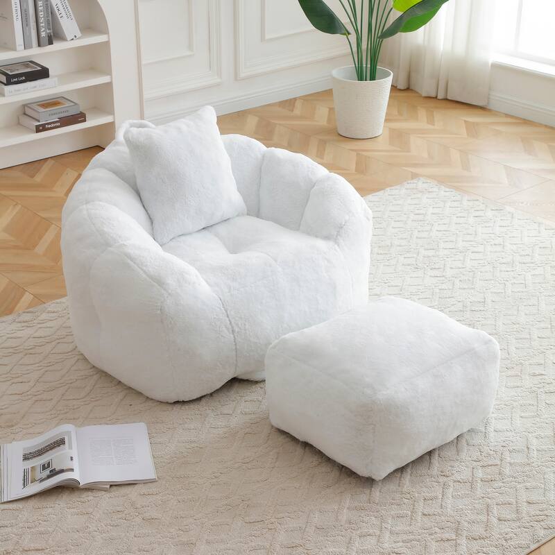Faux Fur Bean Bag Chair with Ottoman, Giant Bean Bag Chairs for Adults, Shell-Shaped Lounge Floor Sofa with Filler - White
