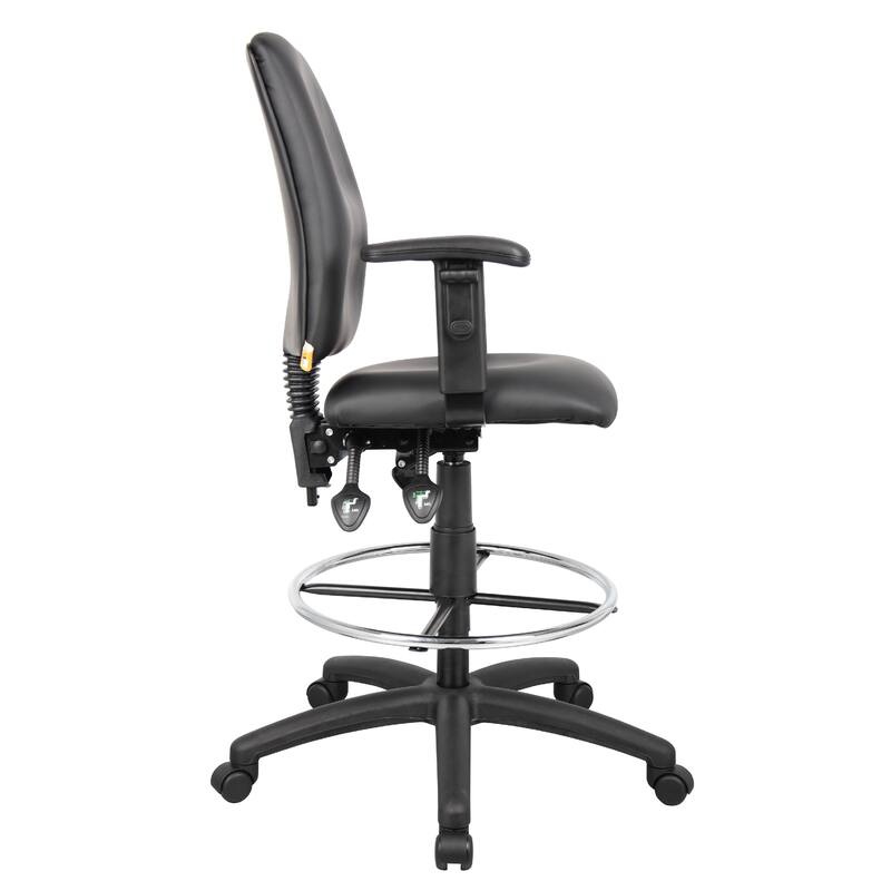 Reza Swivel Drafting Stool, Adjustable Arms, Footring, Black Faux Leather