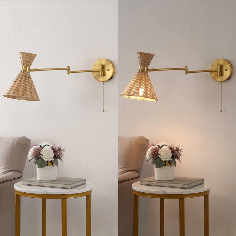 Lyla 25" 1-Light Mid-Century Vintage Retro Rattan/Metal USB Charging Swing Arm LED Sconce with Pull Chain, by JONATHAN Y