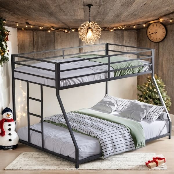 slide 2 of 13, Black Durable Twin over Full Bunk Bed with Built-in Ladder and Guardrails Black