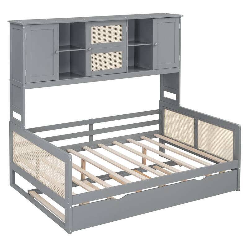 Full Size Wood Storage Daybed with All-in-One Cabinet and 2 Drawers