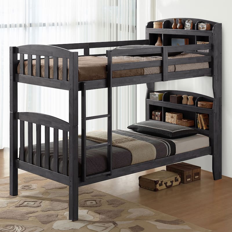 Convertible Twin Over Twin Bunk Bed with Ladder & Bookcase Headboard, Grey Finish - Grey Mix