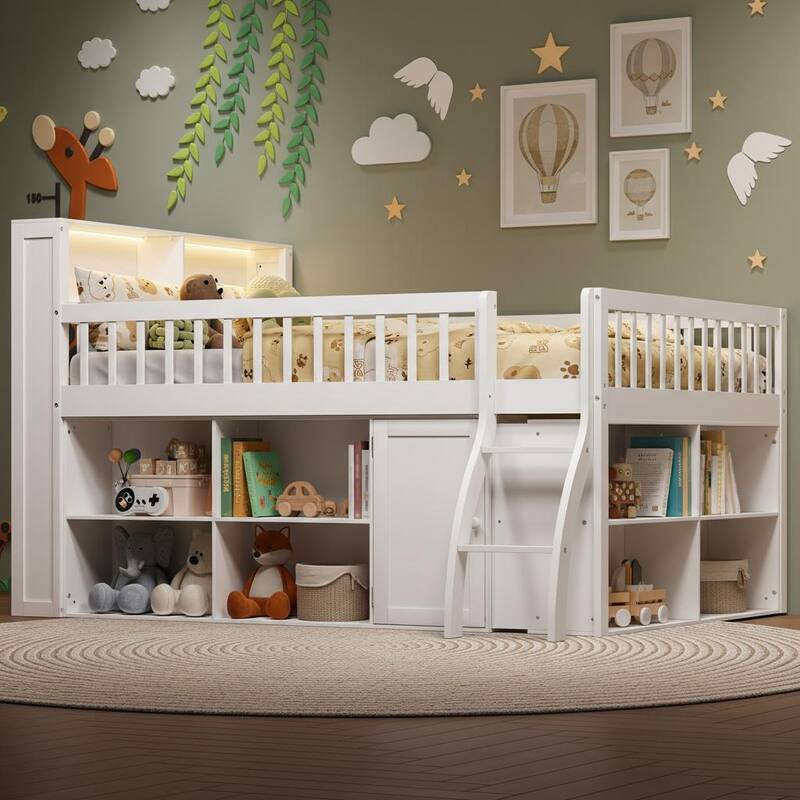 Loft Bed with Integrated LED Headboard, Spacious Storage & Cabinet by Harper&Bright Designs