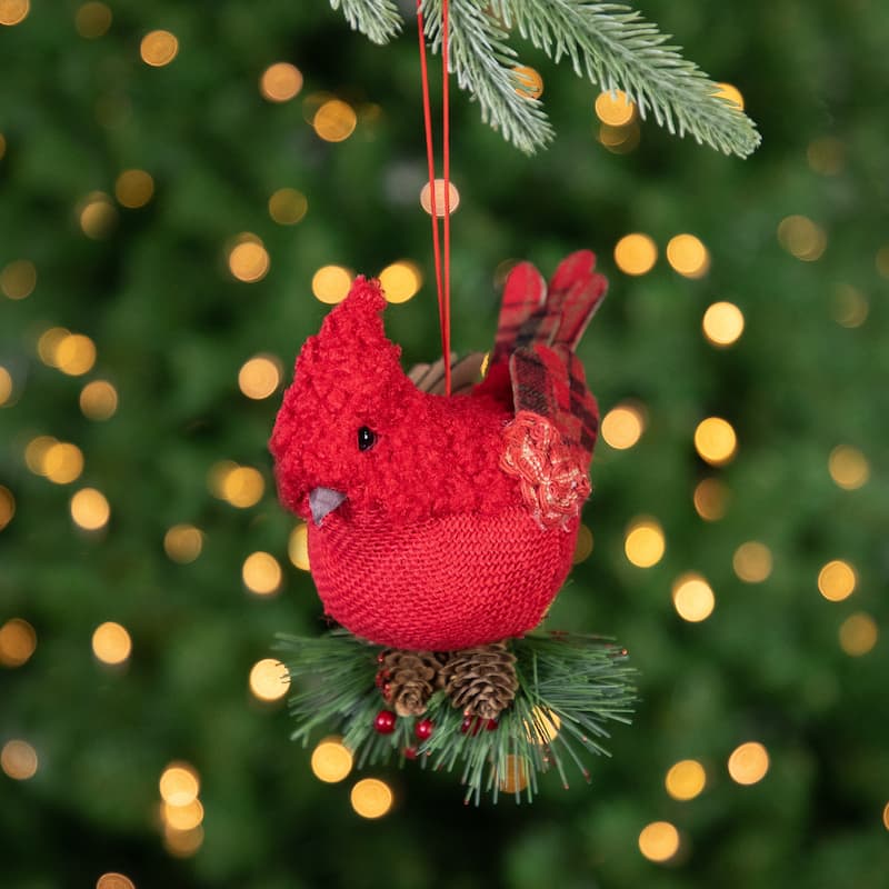 13" Red and Green Plaid Cardinal on Holly Berries Christmas Ornament