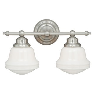 Huntley 2-Light 16 in. W Satin Nickel Farmhouse Bathroom Vanity Lighting Fixture, White Schoolhouse Milk Glass Globe Shade