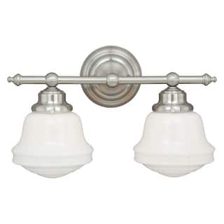 Huntley 2-Light 16 in. W Satin Nickel Farmhouse Bathroom Vanity Lighting Fixture, White Schoolhouse Milk Glass Globe Shade