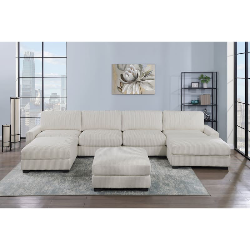 Ottoman Wide-Welt Corduroy Soft Cushion Cocktail Ottoman Wood Legs