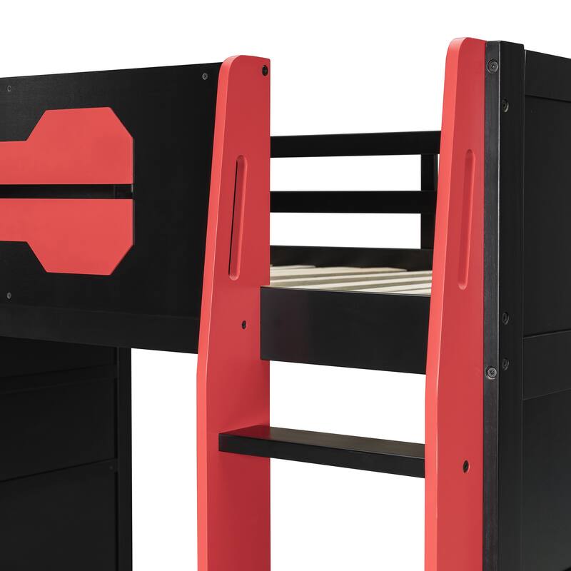 Full Size Gaming Loft Bed with RGB Light & Desk, Wood Bed Frame w/Multi-Storage Shelves and Guardrail, Under-Bed Console Storage