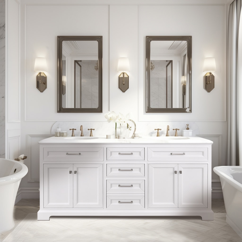 Prismarble Bathroom Vanity 72 in White with Marble Top & Backsplash, Double Sinks
