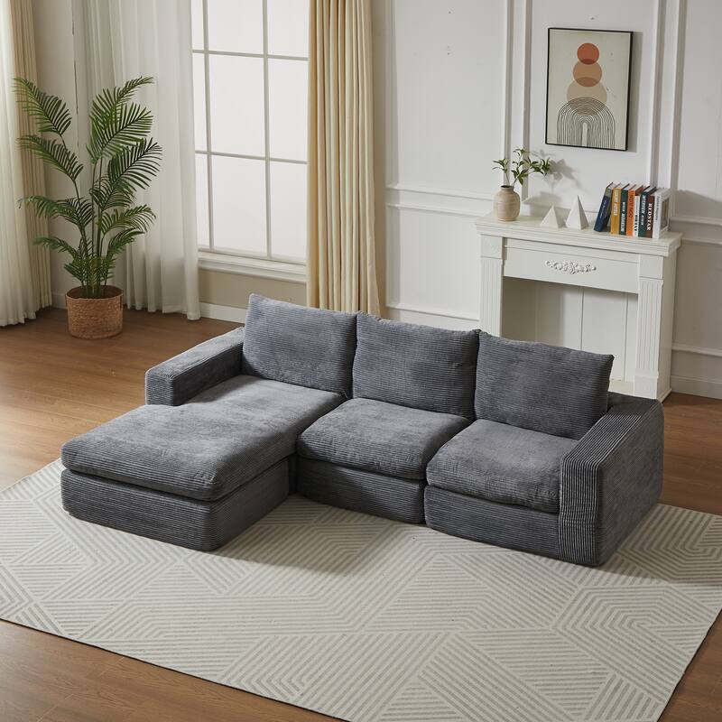 L-Shaped Sectional Sofa with Chaise Lounge, Corduroy Upholstered Boneless Couch, Module Corner Sofa with 3 Pillows