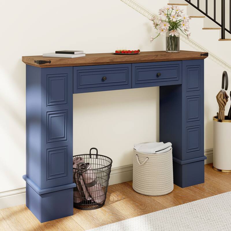Moasis Modern 2-Drawer Console Table Narrow Long Sofa Table Behind Couch Table - Walnut Top/Blue