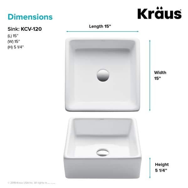 dimension image slide 1 of 2, Kraus Elavo 15 inch Square Porcelain Ceramic Vessel Bathroom Sink