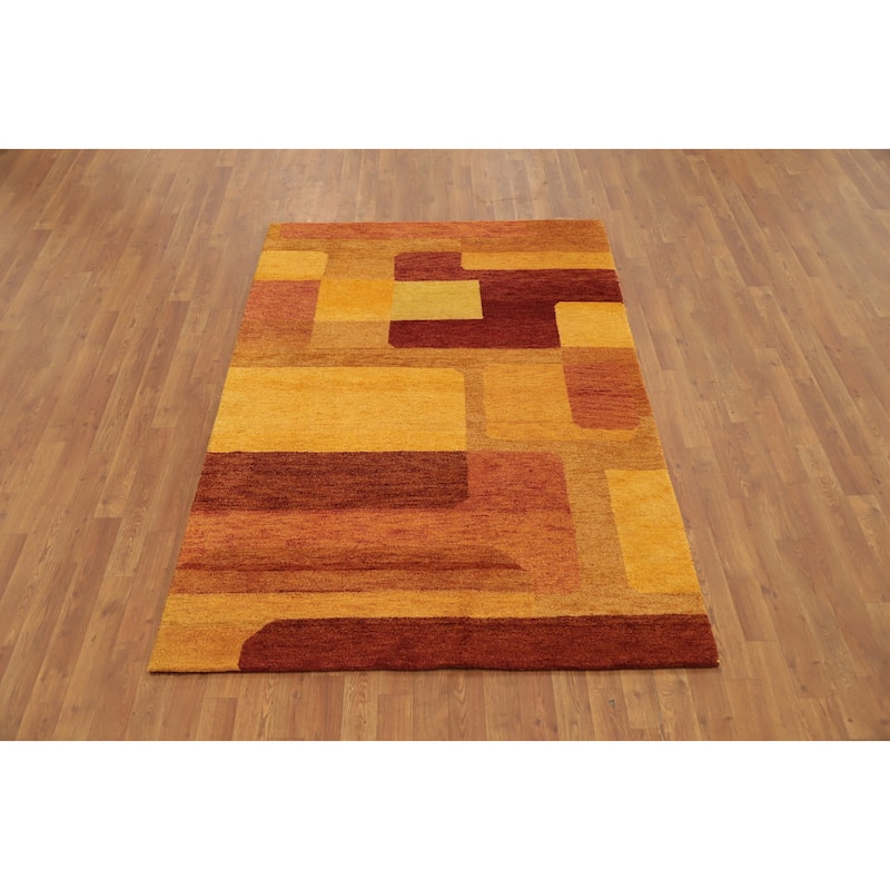 Hand Knotted Oriental 100% Wool Carpet Modern Geometric Yellow & Gold Gabbeh Area Rug - 6' 6'' X 4' 6''