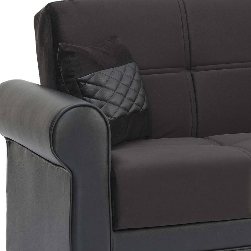 HomeRoots 89" Black Polyester Convertible Futon Sleeper Sofa And Toss Pillows With Storage