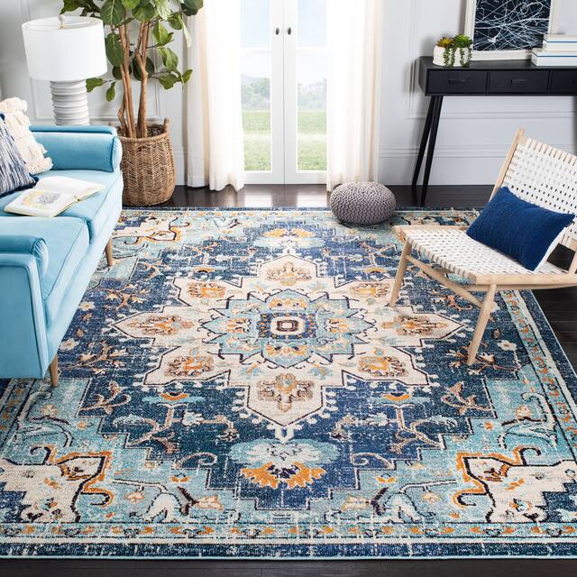 SAFAVIEH Madison Diederike Boho Medallion Distressed Rug - 9' x 12' - Blue/Light Blue
