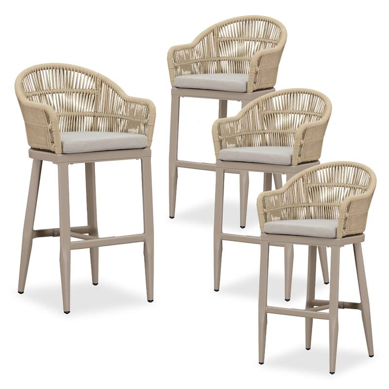 PURPLE LEAF Outdoor Counter Bar Stools Set of 4 Patio Aluminum Barstools with Back and Cushions Metal Modern Wicker Chairs - Cream-Bar Height
