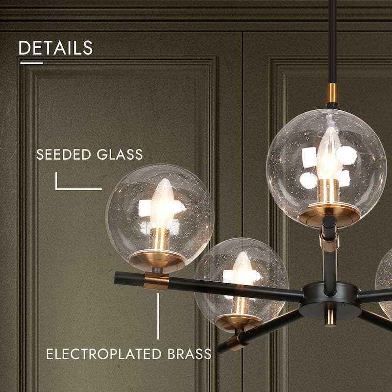 Modern 5-Light Black Gold Wheel Chandelier Globe Glass Pendant Lights for Dining Room - 22" D x 14" H