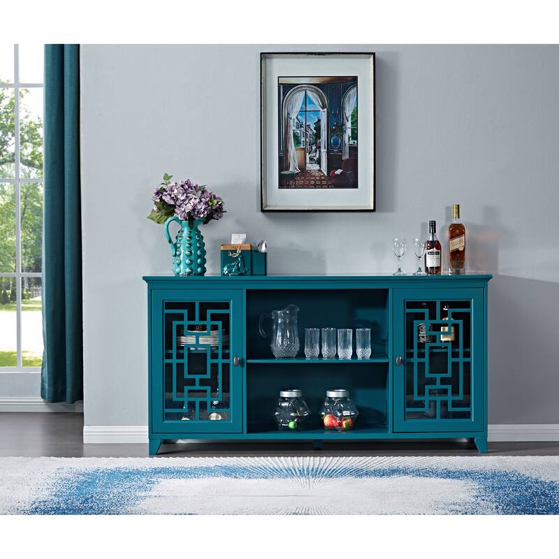 Modern Sideboard Storage Cabinet with Adjustable Shelves, Tempered Glass and Exquisite Hardware Accessories, Teal Blue