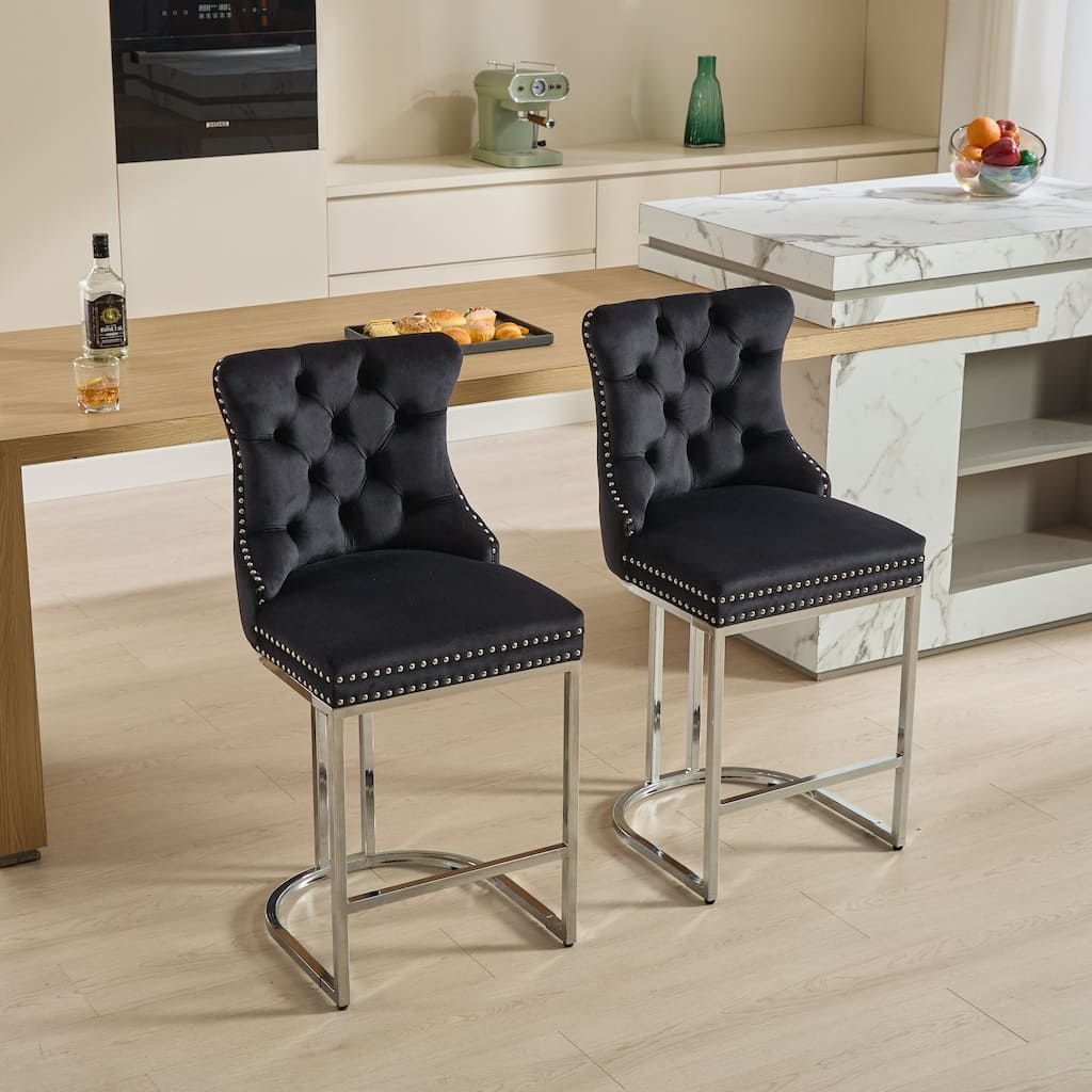 GDF Studio - Riveton Modern Velvet Upholstered Counter Height Bar Stools with Button Tufted Back & Rivet Trim (Set of 2)
