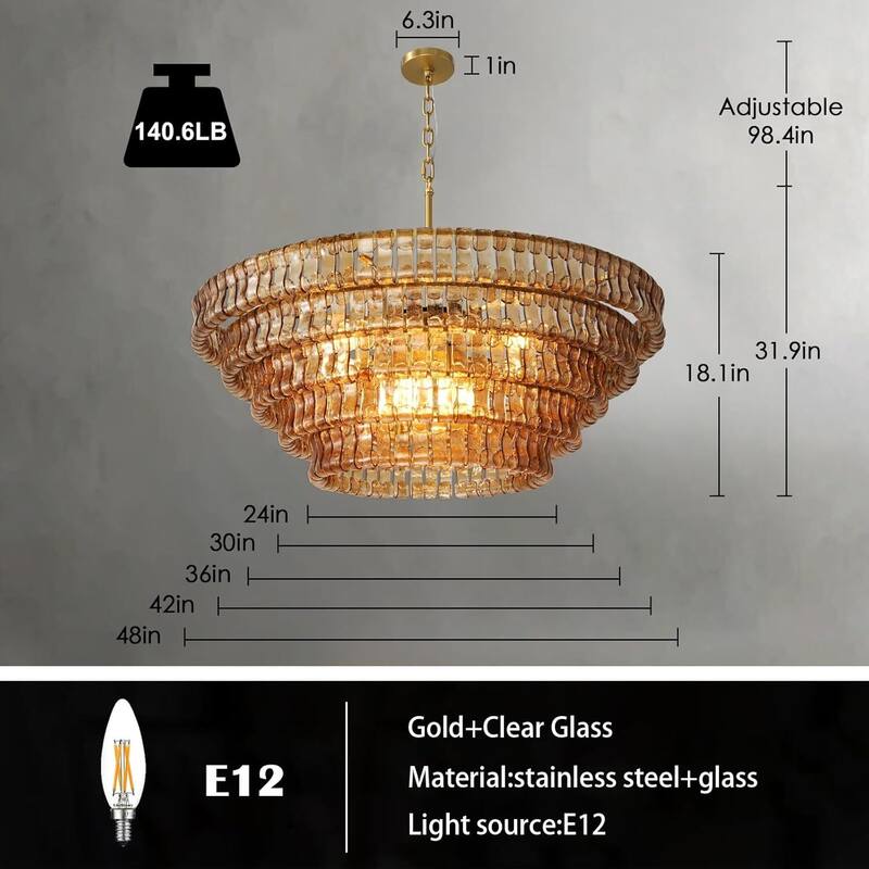 KAYLA 36in-67.4 in. 6-Lights Gold Crystal Drum Chandelier