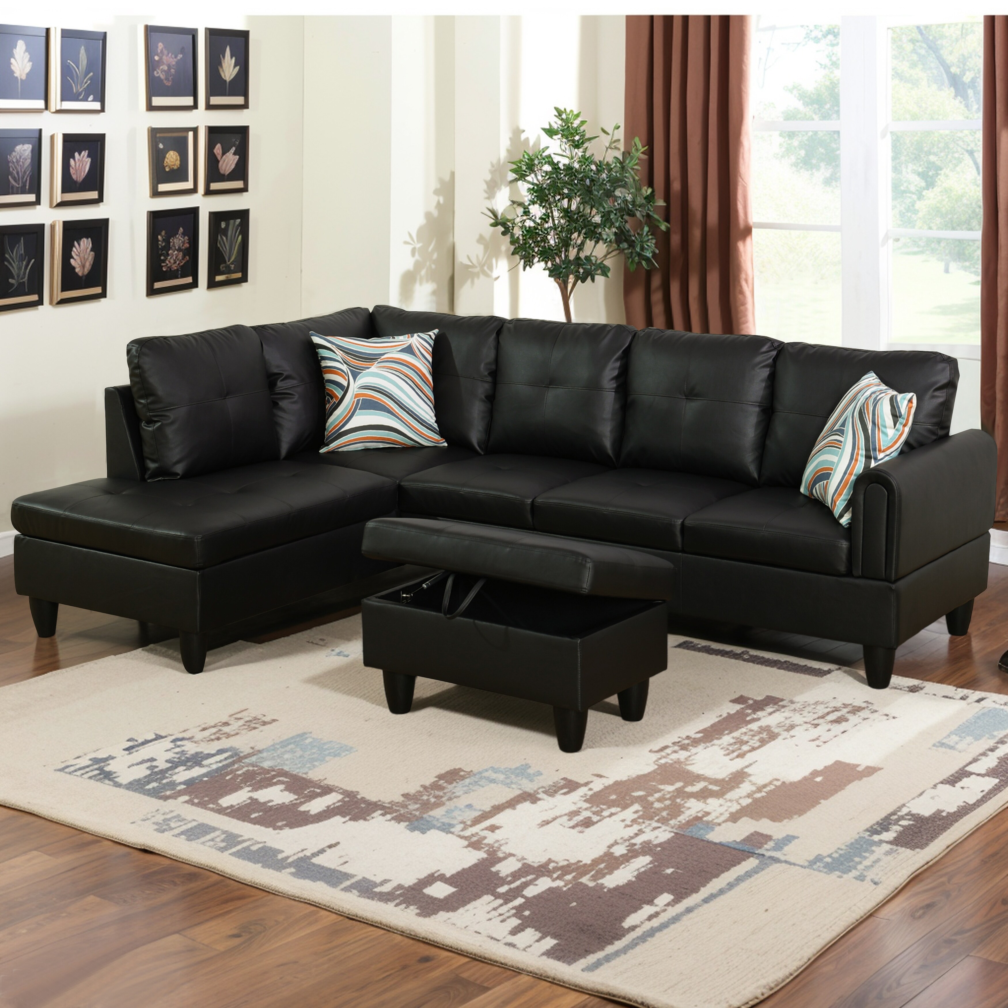 Modern L Shaped Faux Leather Sectional Couch with Chaise and Ottoman Large 3 Piece Sofa Black