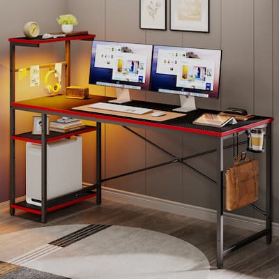 Bestier 61 in. Rectangular Gaming Desk with RGB LED Lights Computer Desk with 4 Tier Storage Shelves and Hook