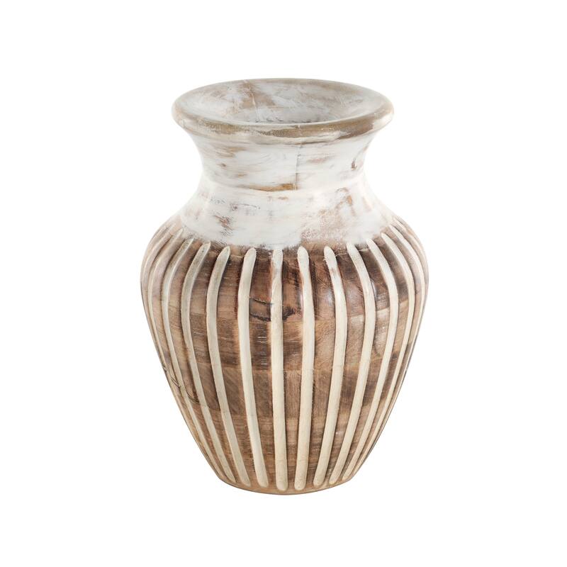 Brown Mango Wood Distressed Decorative Vase with Carved Grooves