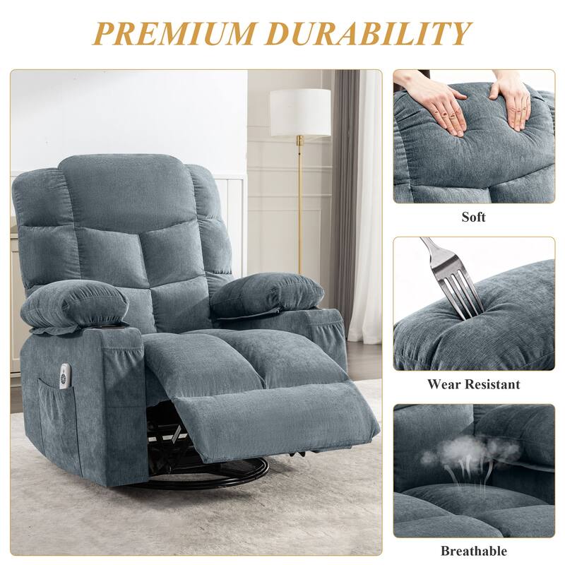 Swivel Massage Recliner Chair with Lumbar Heating, Oversized Lounge Sofa with Cup Holders, USB Port & 2 Side Pockets