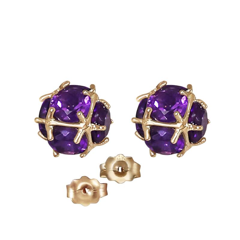 14K Solid Gold Stud Elegant Gemstone Earrings w/ Natural Amethysts