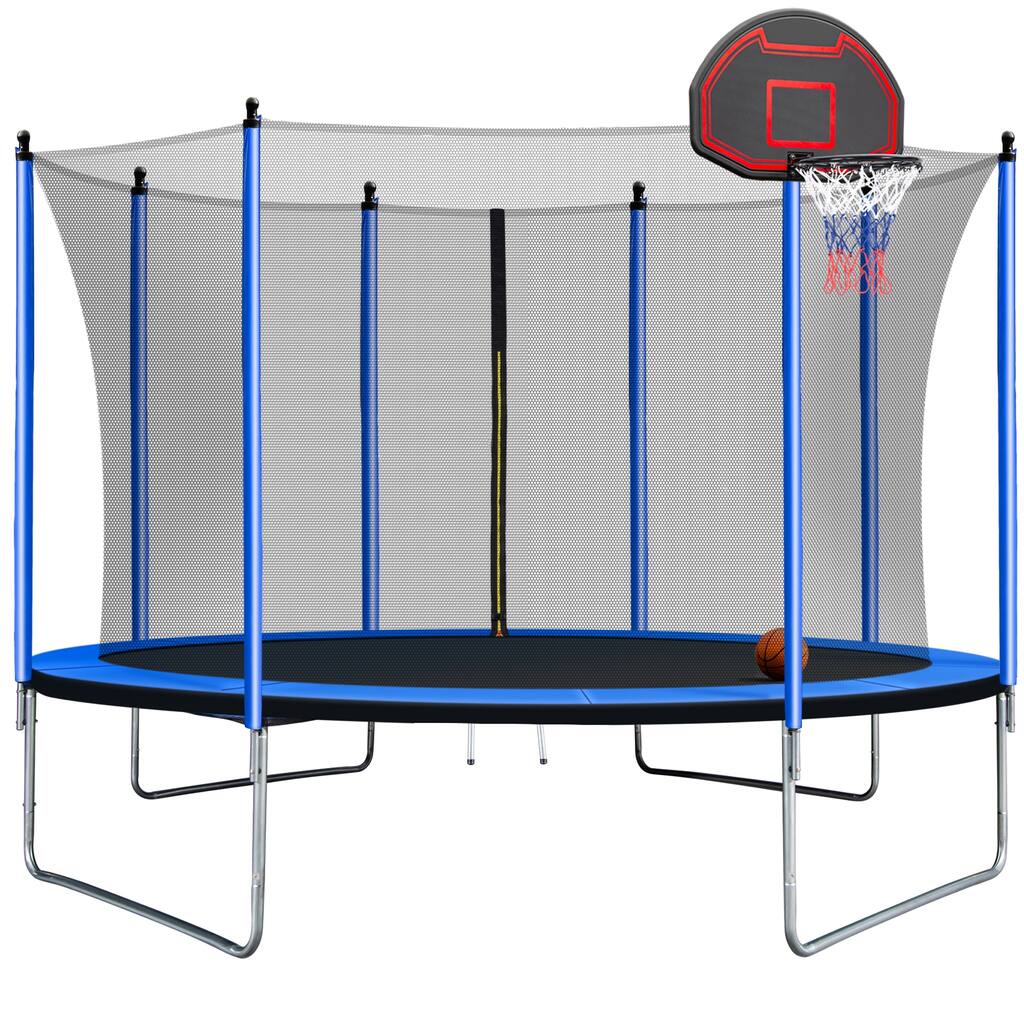 10FT Trampoline with Basketball Hoop Inflator Blue