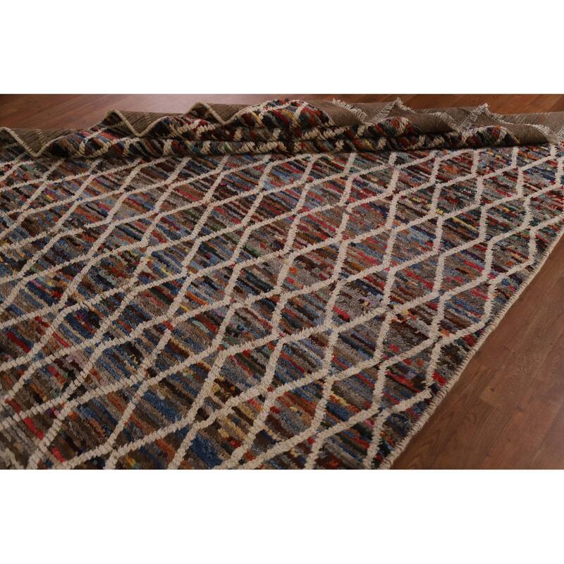 Hand Knotted Oriental 100% Wool Carpet Modern All-Over Black Moroccan Area Rug - 9' 7'' X 6' 3''