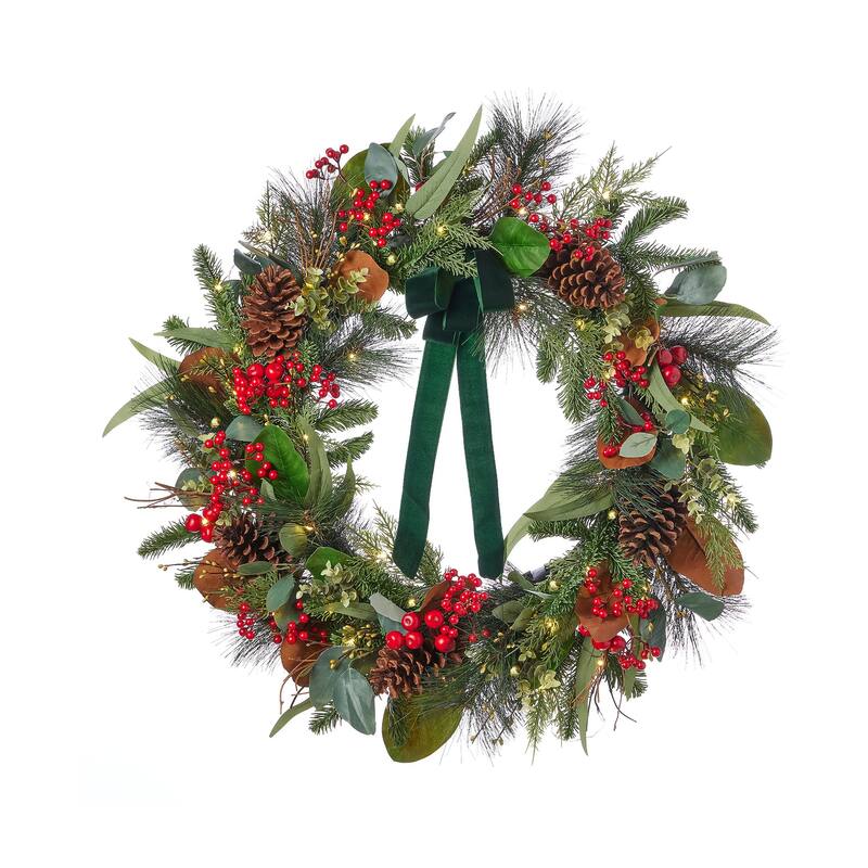 Magnolia Leaf, Eucalyptus, and Berry 28in Wreath, Pre-Lit with 35 LED Fairy Lights B/O