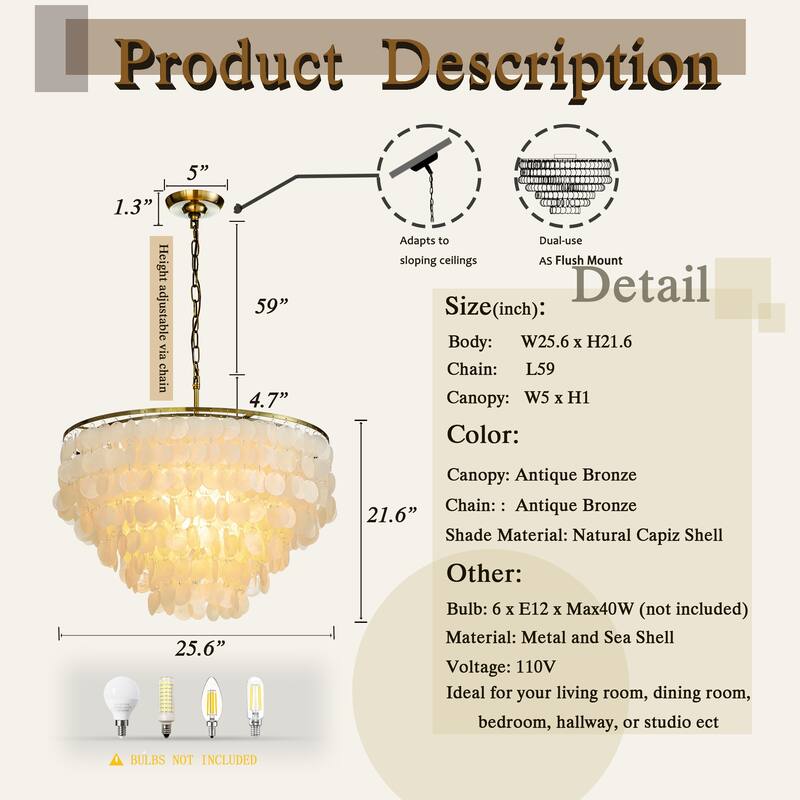 3/6-Lights Unique Tiered Bronze Capiz Chandelier with Seashell Accents