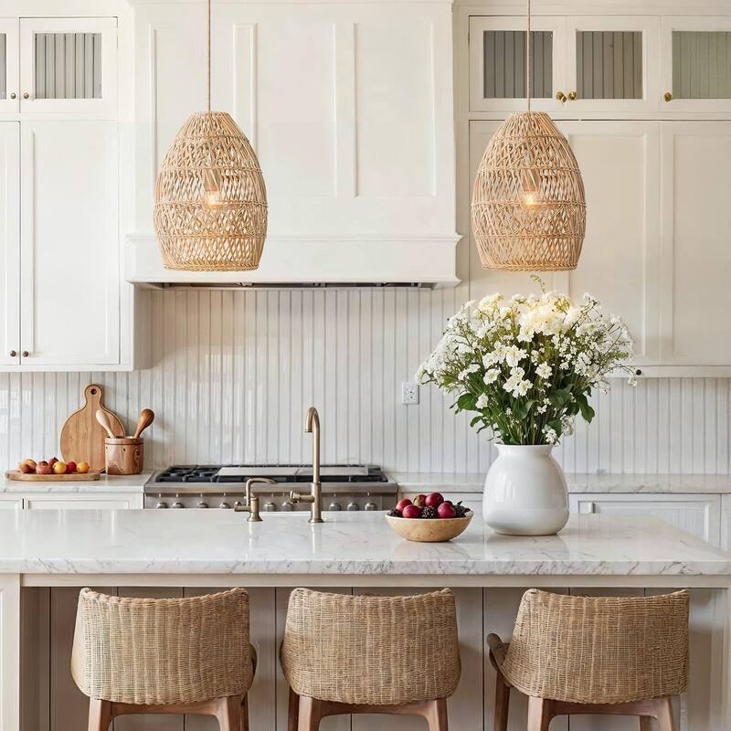 Callie Rattan Pendant Light - Natural Bell 1-Light Handwoven Ceiling Light For Modern, Transitional, Farmhouse Room Decor