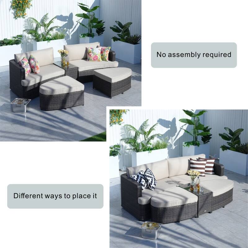 5-piece Patio Wicker Daybed Sectional Sofa Set with Side Table