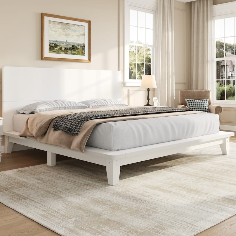 Low-Profile Platform Bed Frame with Headboard, Wood Slat Support, Wingback Panel Bed