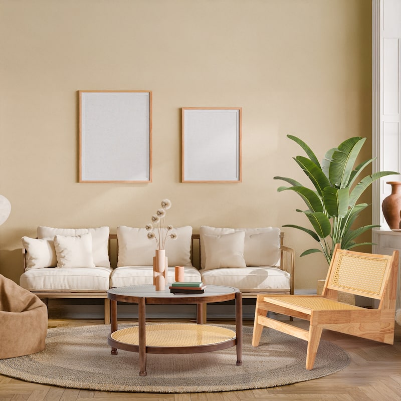 31.5in Rattan Coffee Table with Tempered Glass Top and Hand-Woven Shelf for Indoor Outdoor - 31.5” x 31.5” x 17.3”