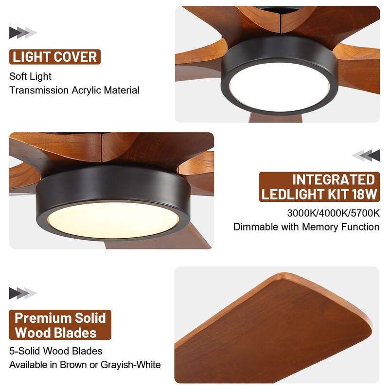 52" Solid Wood Noiseless Ceiling Fans with Dimmable LED Light Optional and Remote, 6-Speed Reversible DC Motor,Smart Optional