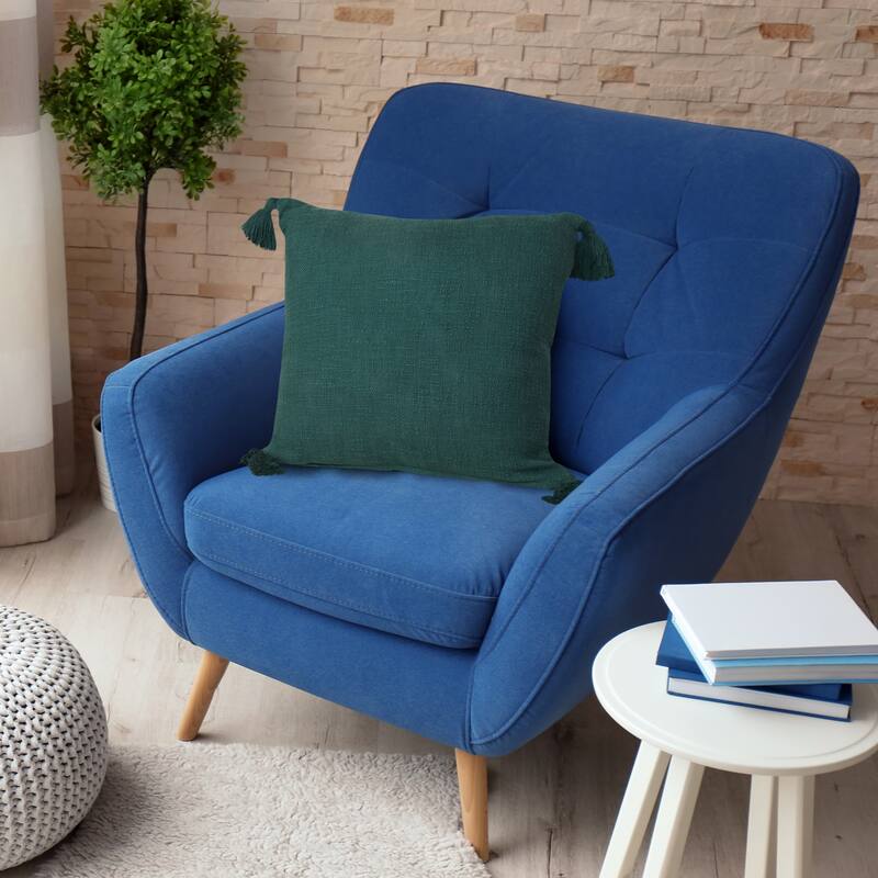 Handwoven Solid Square Cotton Throw Pillow Cover with Tassels - 20" - Green