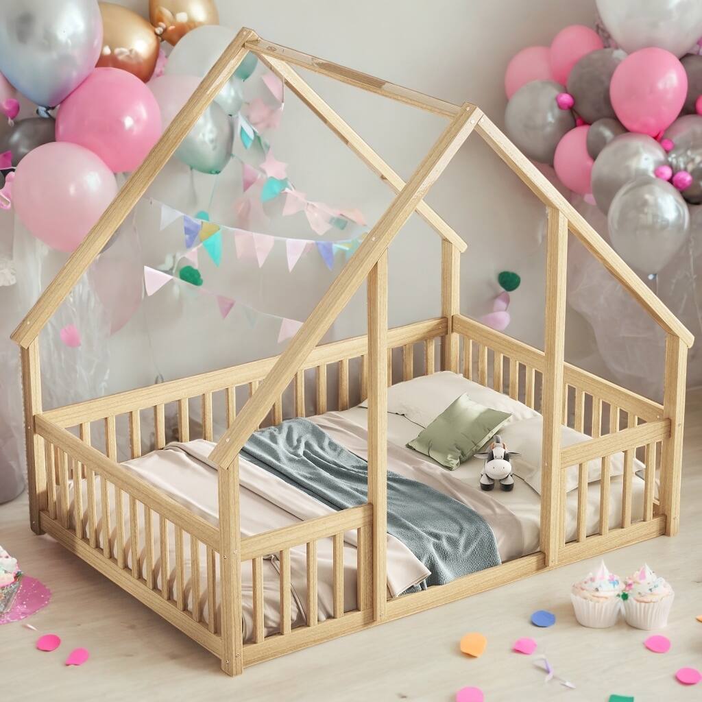 Full Unique Design Wood House-Shaped Floor Bed with Fence, Guardrails, Wood House Roof Frame, Easy Assembly, Natural