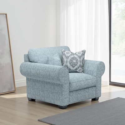 Berrie Accent Chair, Teal Blue Polyester, 2 Accent Pillow, Black Wood