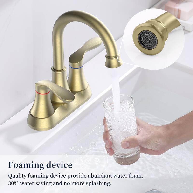 Bathroom Faucet with Pop up Drain & Supply Hoses 2-Handle 360 Degree High Arc Swivel Spout Centerset 4 Inch Vanity Sink Faucet