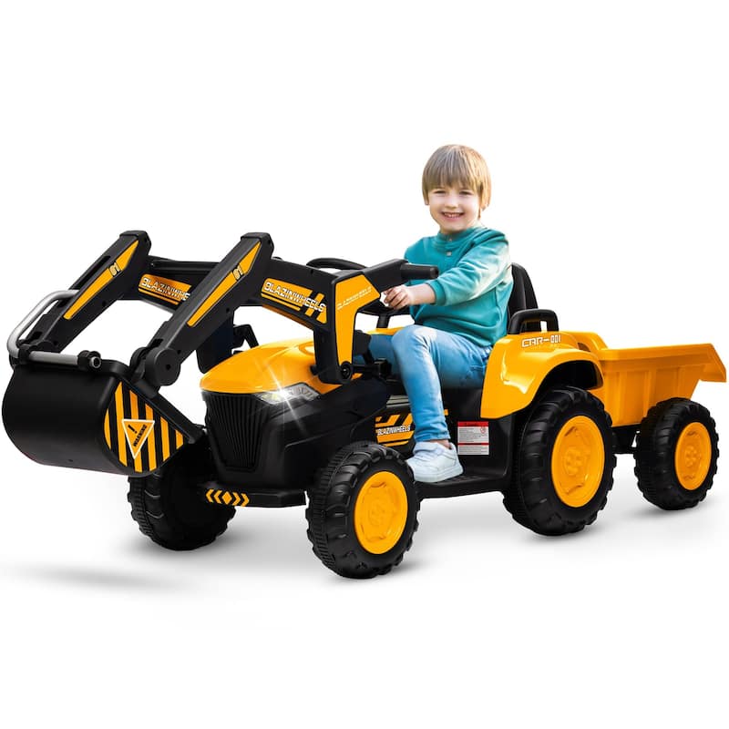 Electric Vehicles with Remote Control, Digger, LED Lights, Music, Ride On Car Toy for Kids - Yellow