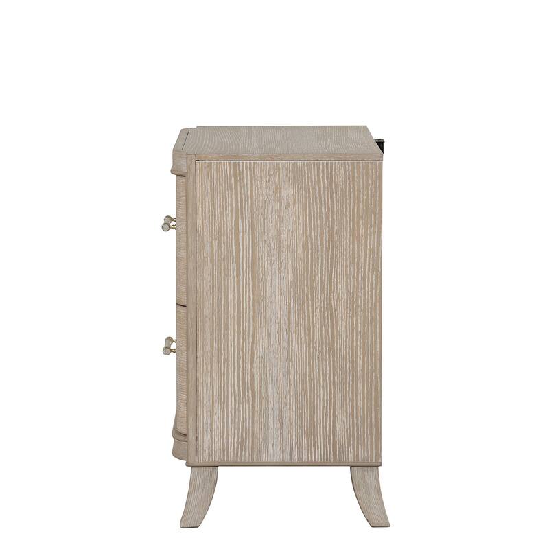 Transitional Nightstand with USB Port - Natural Oak Finish, Curved Edges & Dovetail Drawers