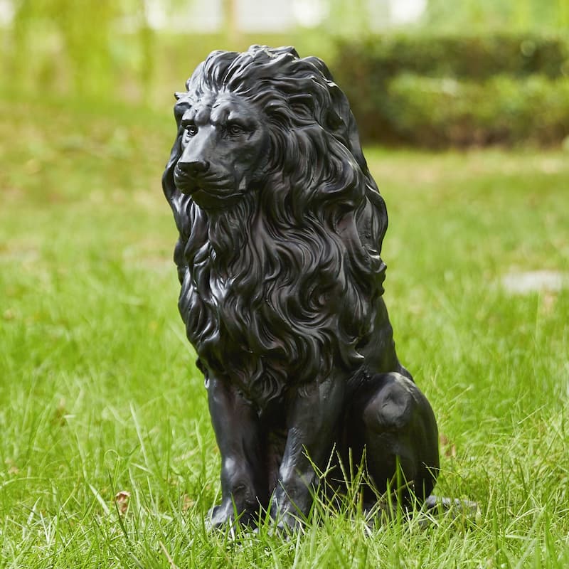 20.75"H MGO Black Guardian Sitting Lion Statue Porch Sign Outdoor Decoration Gifts by Glitzhome - Black