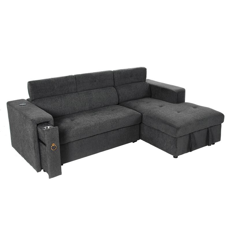 L-Shaped Pull Out Sofa Bed Modern Convertible Sleeper Sofa with 2 USB ports, 2 Power Sockets and 3 Pillows
