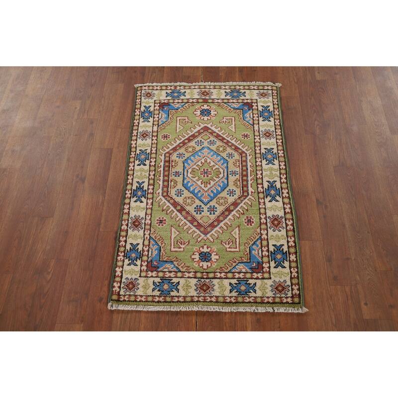 Hand Knotted Oriental 100% Wool Carpet Traditional Geometric Green Kazak Area Rug - 3' 1'' X 2' 0''
